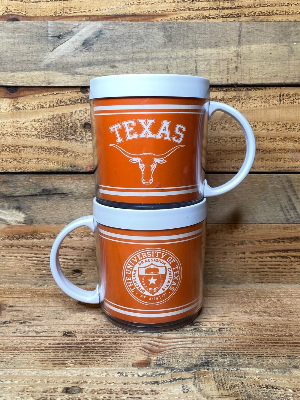 2 Vtg University of Texas in Austin Longhorn Plastic Mugs W Handle (Made in USA)